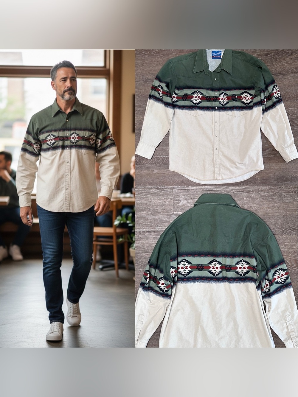 Wrangler Western Shirt vintage Size XL X-large Aztec southwestern Snap Shirt VGC